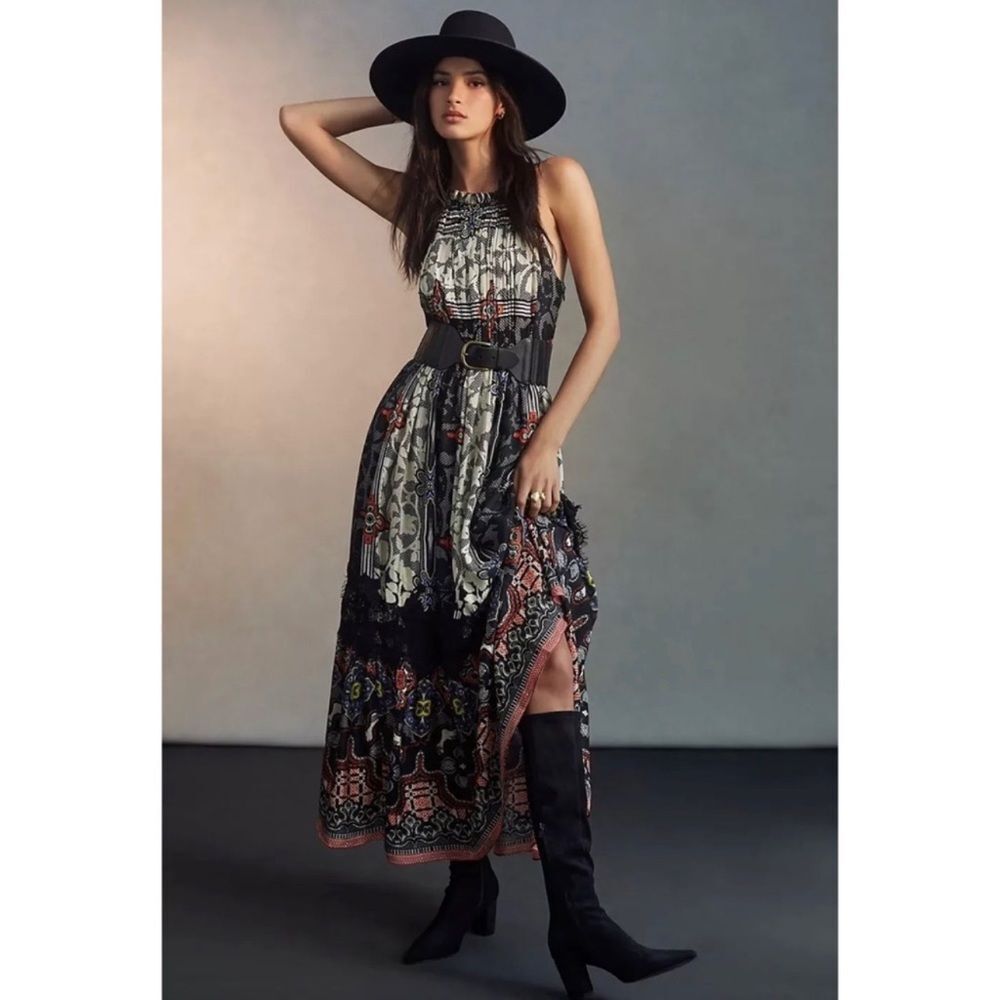 Anthropologie Black and Cream Patterned Maxi Dress